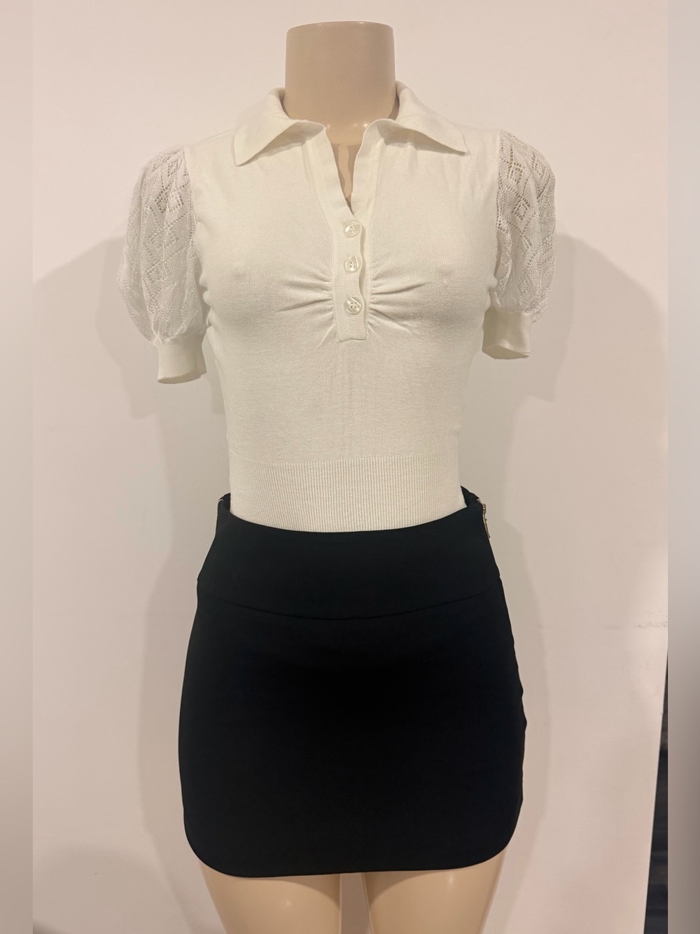bebe white Knit Polo Top with Lace Puff Sleeves
